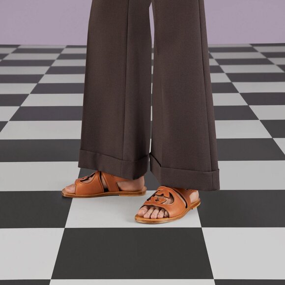 GUCCI SHOES MENS BROWN LEATHER CUTOUT INTERLOCKING G LOGO SANDALS sz 8 / 8.5 - Picture 2 of 16